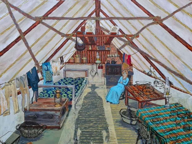 A layered figurative painting by Linda Gallus